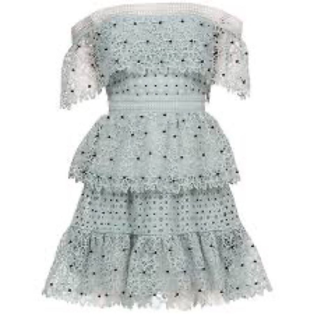 Self Portrait Blue Hibiscus Mini Off Shoulder Guipure Dress Size 6 - Picture 8 of 8